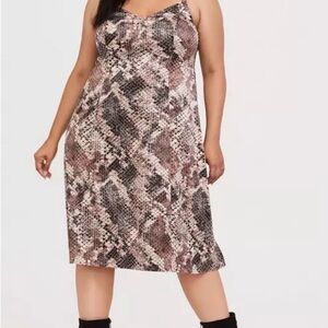 Torrid Midi Satin Slip Dress with a Tan Snake Print, V-Neck, Adjustable Straps